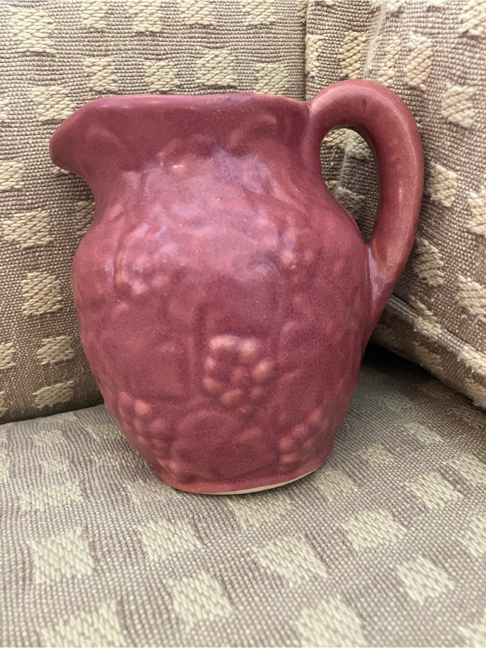 antique Uhl Pottery "Grape and Leaf" pattern stoneware milk pitcher (No. 184),